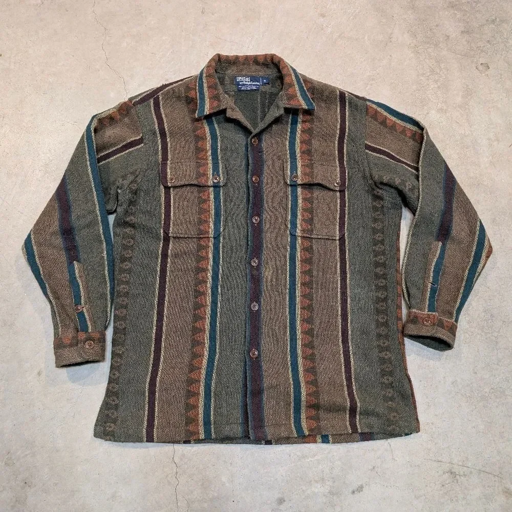 VTG Polo Ralph Lauren Logging Wool Fleece Striped Green Flaws Mens M